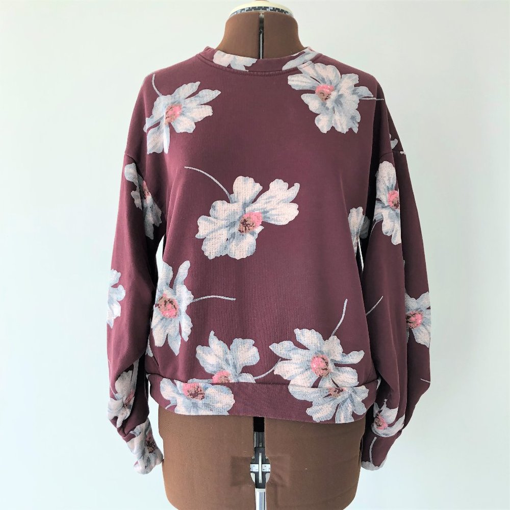 Burgundy Floral Sweatshirt with Statement Sleeve